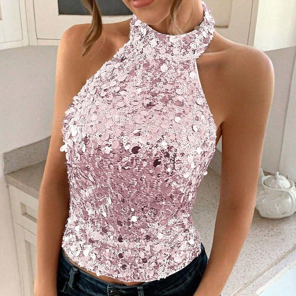 Pink Party Women's Christmas Strapless Sexy Sequin Top